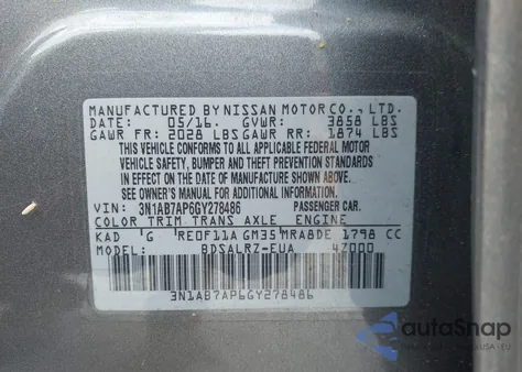 2016 Nissan Sentra Fe+ S/S/Sl/Sr/Sv from USA, damaged, VIN 3N1AB7AP6GY278486